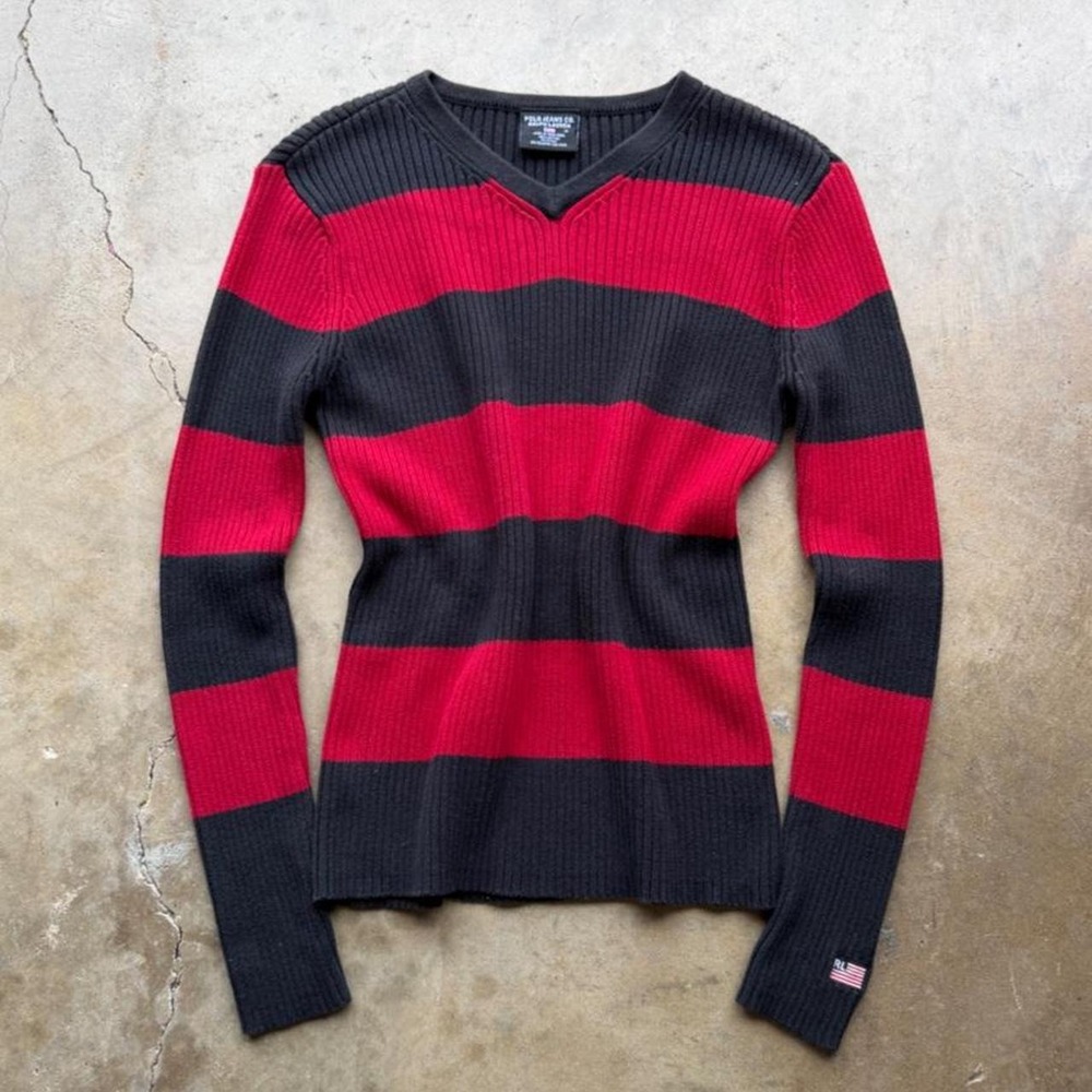 Vintage Y2K Polo Ralph Lauren red and black horizontal striped sweater size M
